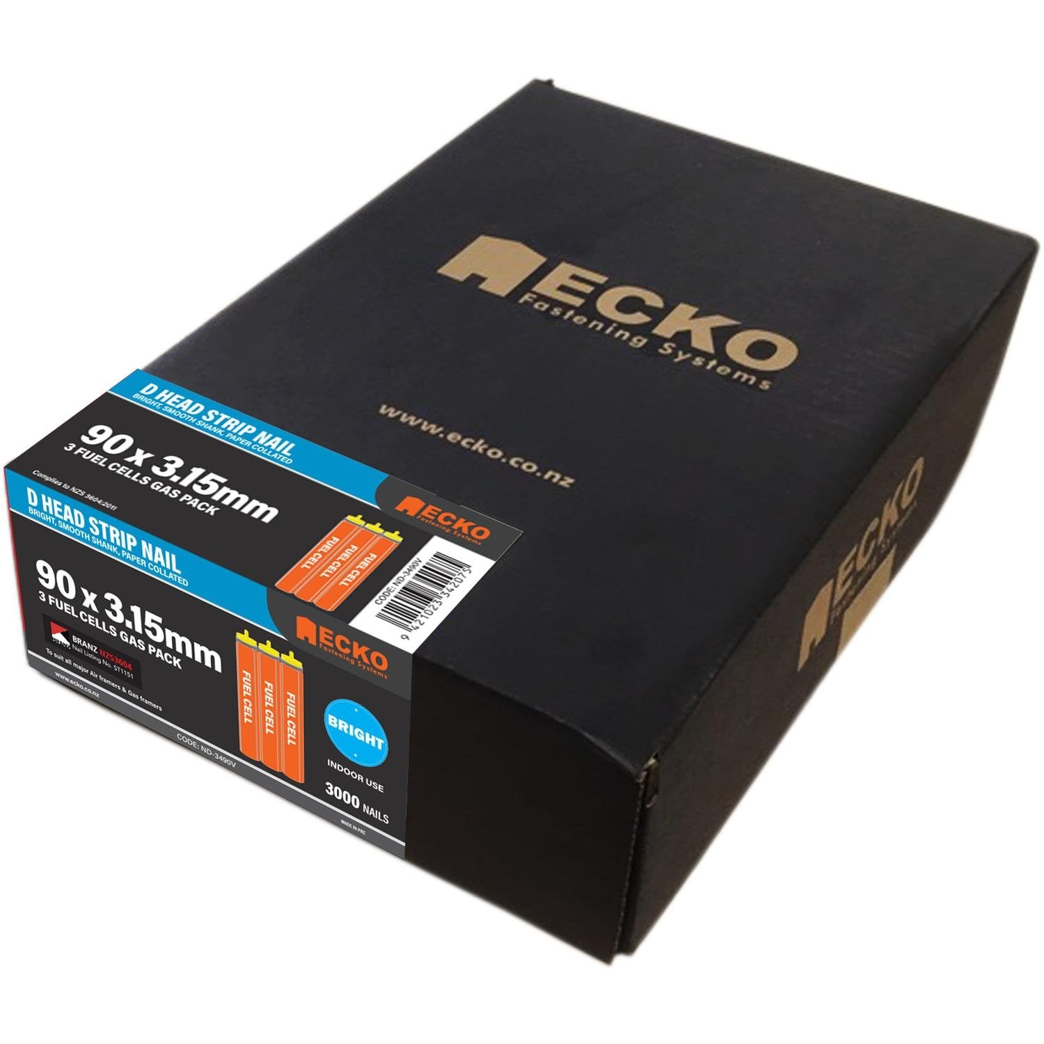 Ecko 90 x 3.15mm Bright D Head Collated Framing Nails Gas Pack (3000 Box)