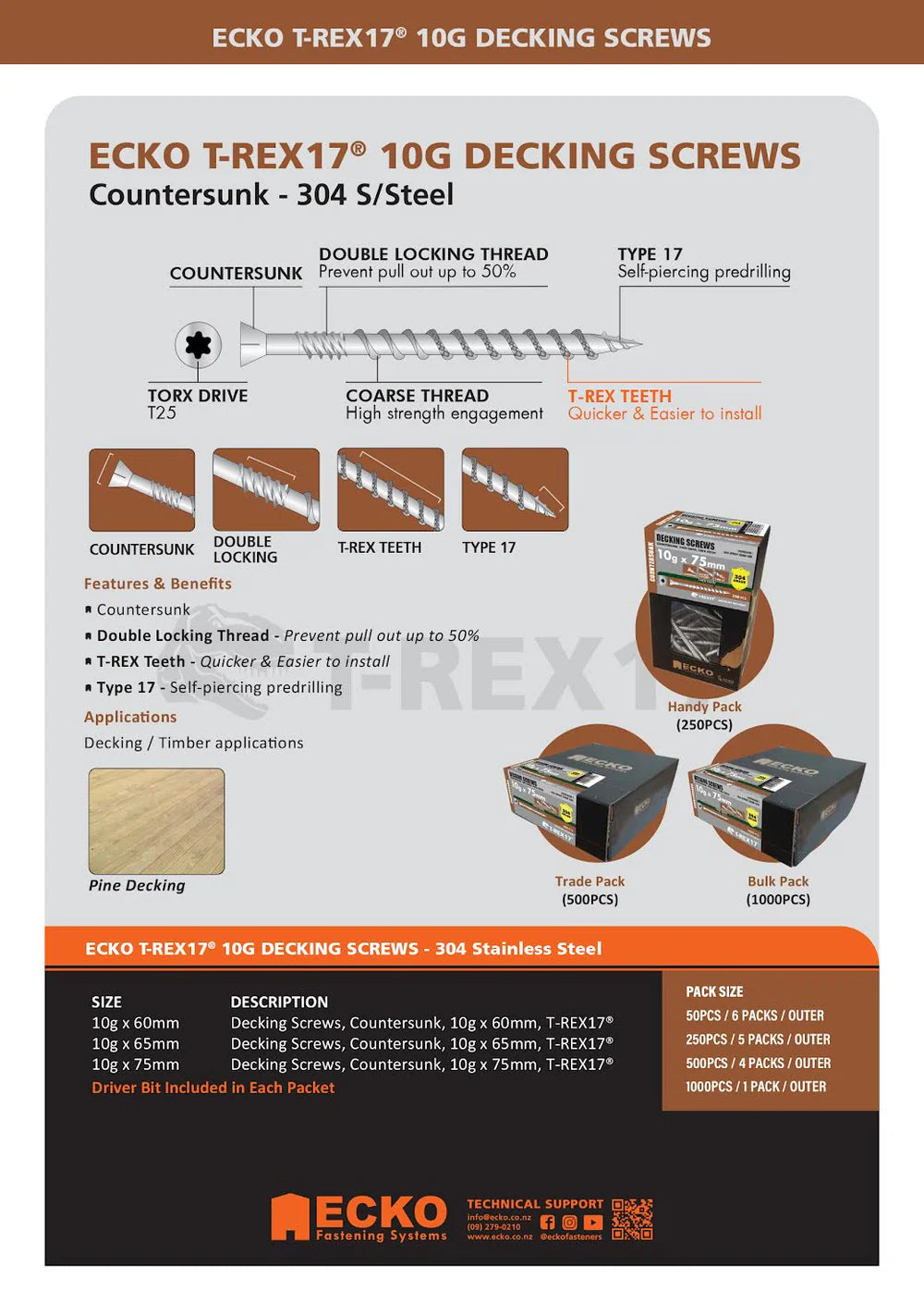 Ecko T-Rex17 10G X 75Mm Flat Head Decking Screws Countersunk (500 Box)