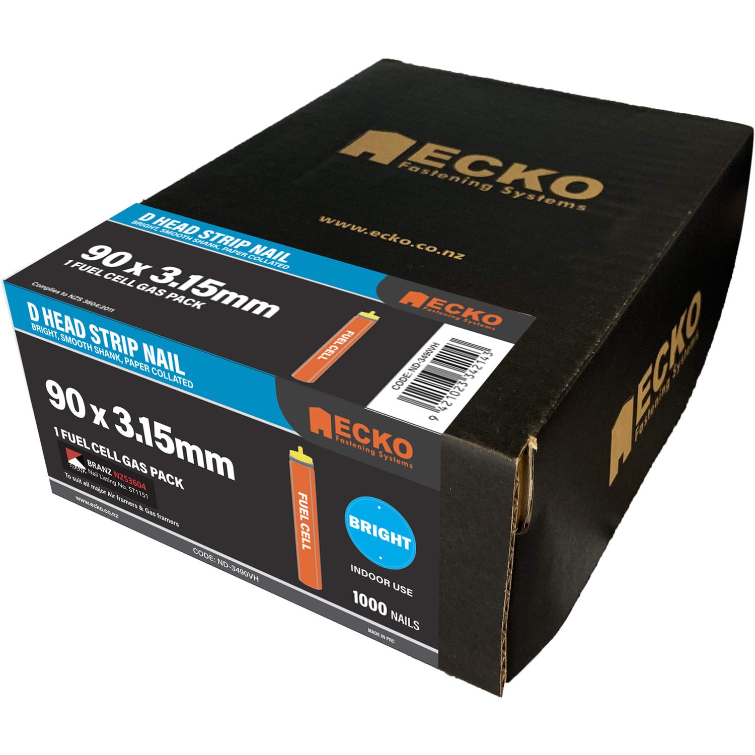 Ecko 90 x 3.15mm Bright D Head Collated Framing Nails Gas Pack (1000 Box)