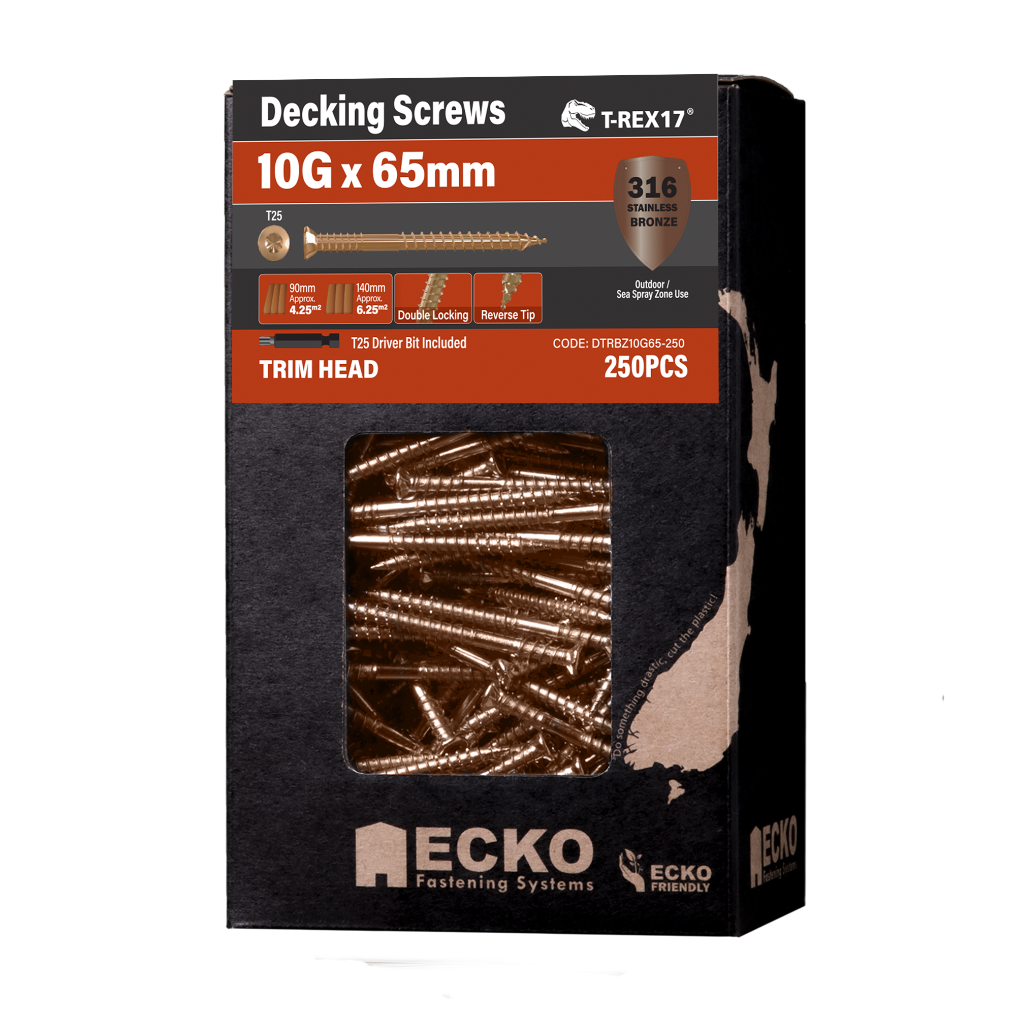 Ecko Bronze T-Rex17 Trim Head Decking Screws 10G X 65Mm Stainless Steel 316 (250 Box)