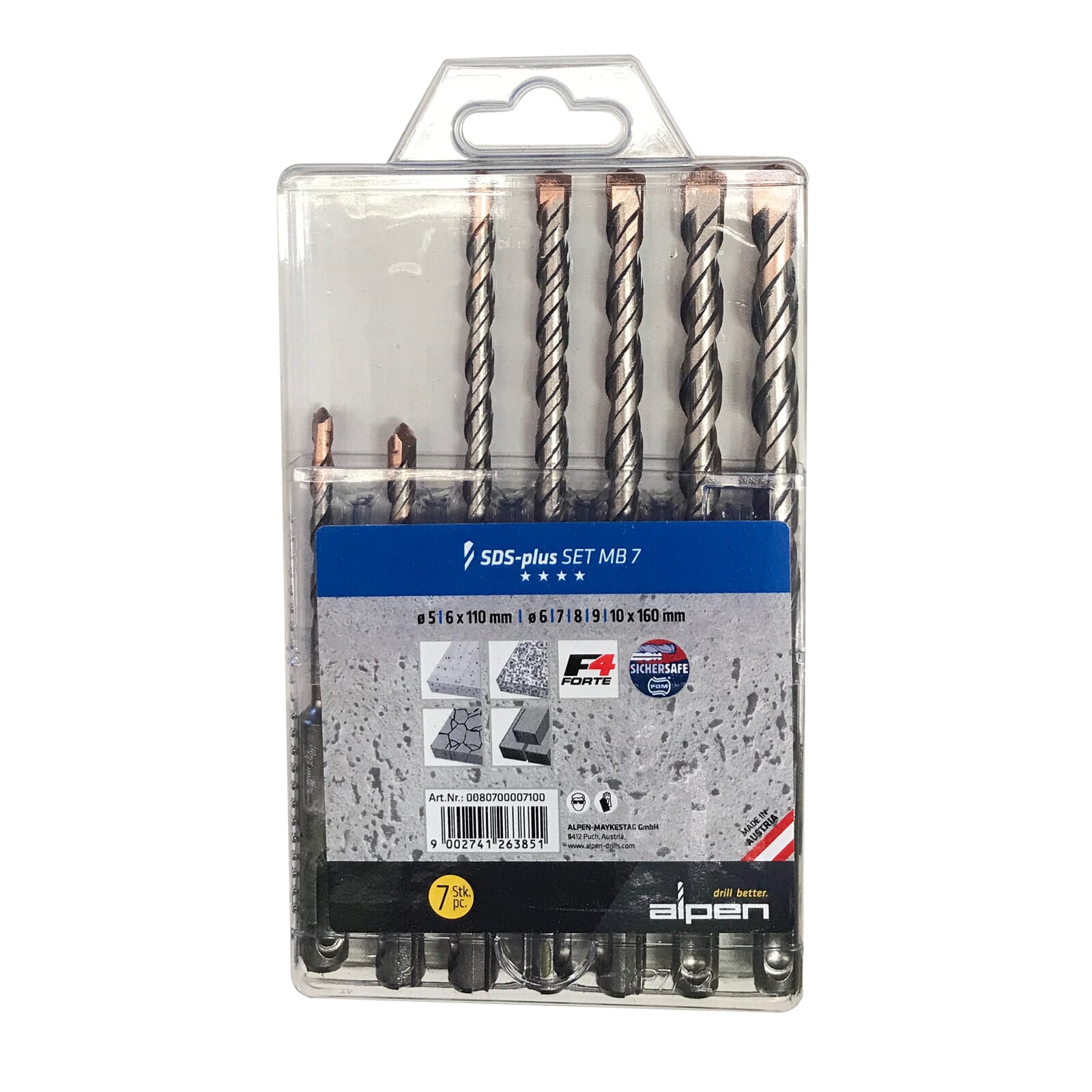 Alpen Series 807 SDS Plus 2 Flute Masonary Drill MB7 (Set of 7) Ø 5, 6mm x 110mm Ø 6, 7, 8, 9, 10mm x 160mm