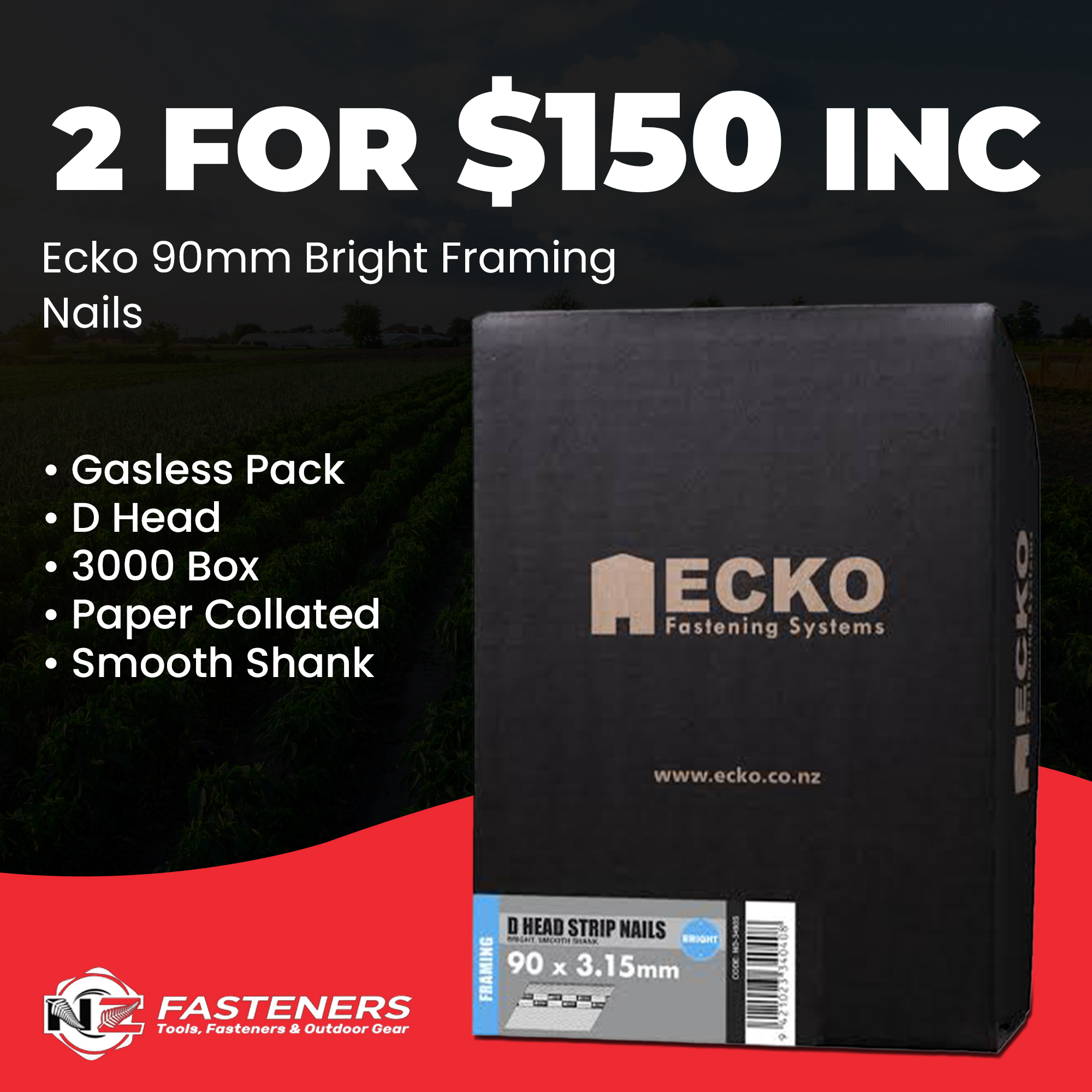 Ecko Framing Nails 90 X 3.15Mm Bright - Gasless Pack (3000 Box) (x2 BOXES)