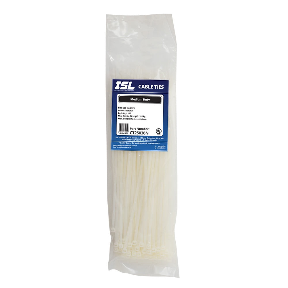 ISL 250 x 3.6mm Nylon Cable Tie - Nat. - 100pk