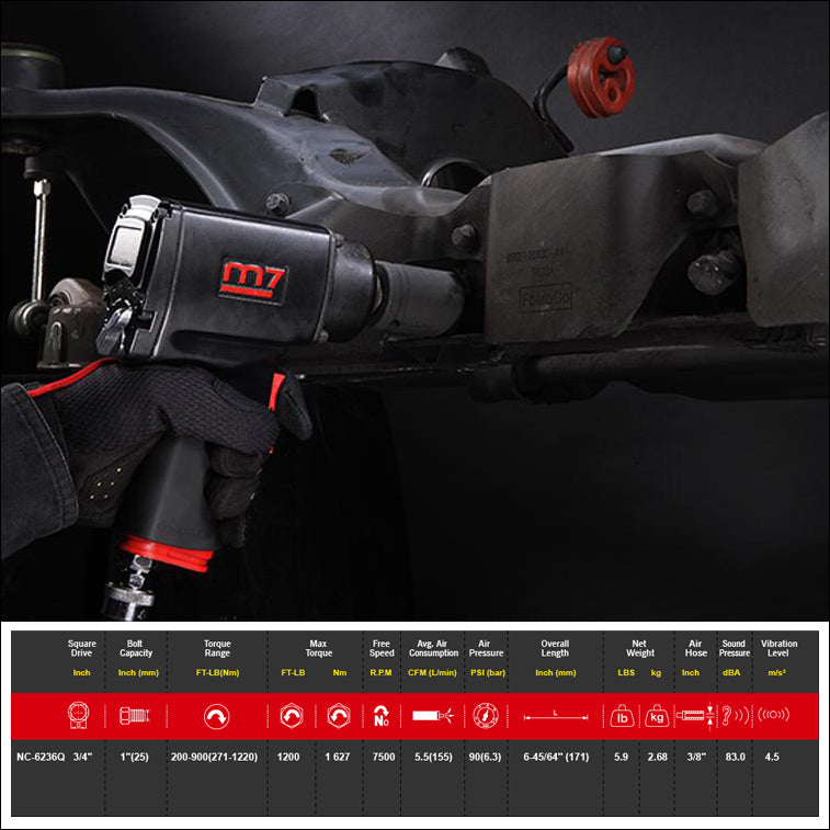 M7 Air Impact Wrench 3/4" Drive Twin Hammer Quiet 1200Ft
