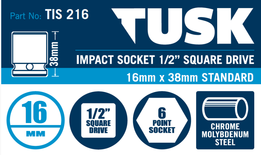 Tusk Impact Socket 1/2 Inch Square Drive - 16 X 38 Standard