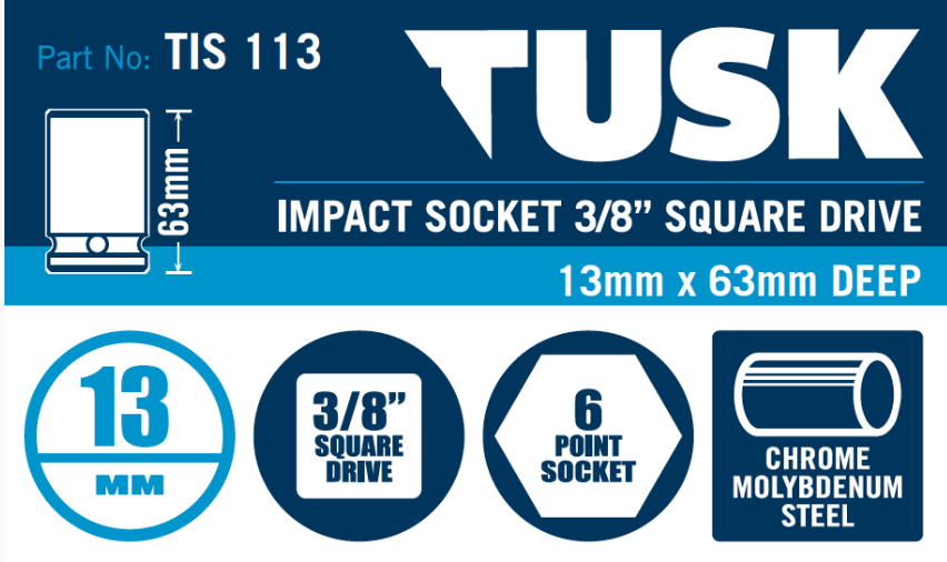 Tusk Impact Socket 3/8 Inch Square Drive - 13 X 63 Deep