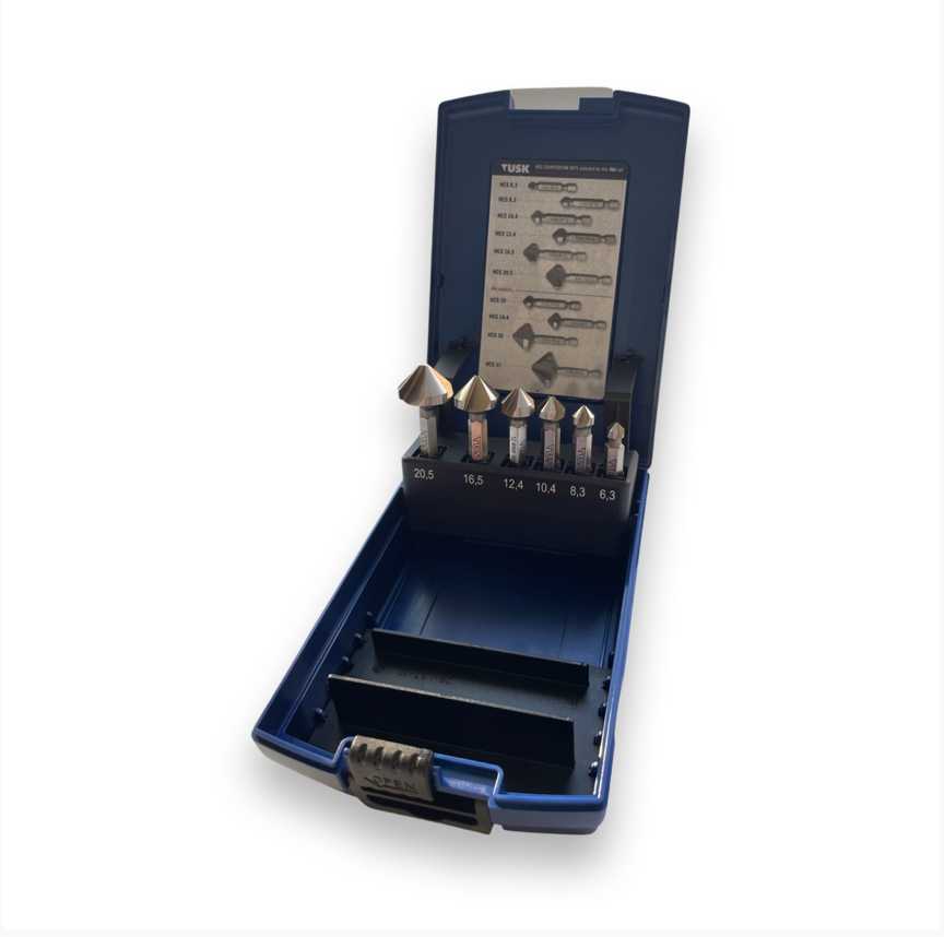 Tusk Hss Countersink 6Pc Set  6.3/8.3/10.4/12.4/16.5/20.5 Qc Hex M35 5% Cobalt