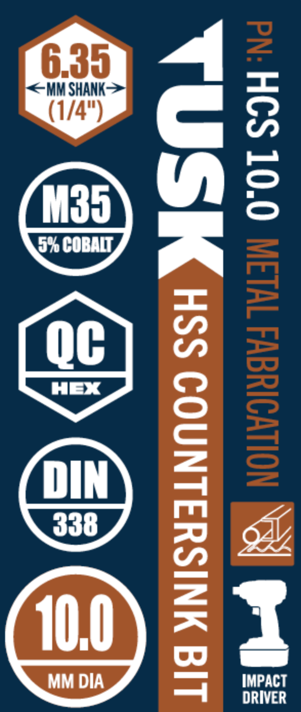 Tusk Hss Countesink 10Mm Qc Hex M35 5% Cobalt 1Pc Pack