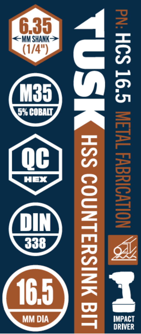 Tusk Hss Countesink 16.5Mm Qc Hex M35 5% Cobalt 1Pc Pack