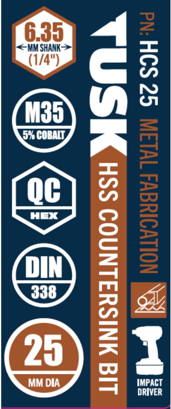 Tusk Hss Countesink 25Mm Qc Hex M35 5% Cobalt 1Pc Pack