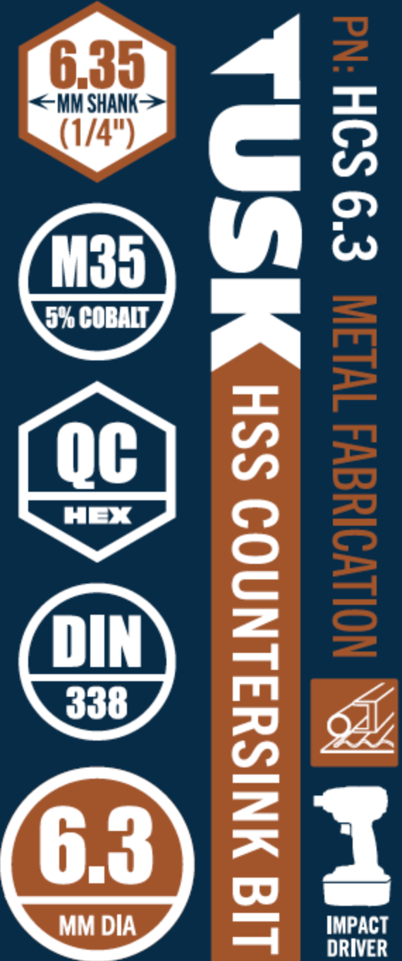 Tusk Hss Countesink 6.3Mm Qc Hex M35 5% Cobalt 1Pc Pack