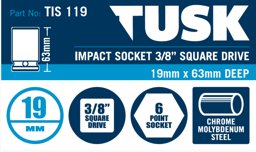 Tusk Impact Socket 3/8 Inch Square Drive - 19 X 63 Deep