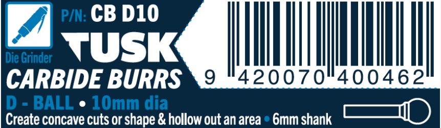 Tusk Carbide Burrs D Shape Ball Dia 10Mm, 6Mm Shank, Double Cut