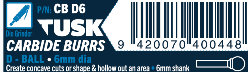 Tusk Carbide Burrs D Shape Ball Dia 6Mm, 6Mm Shank, Double Cut