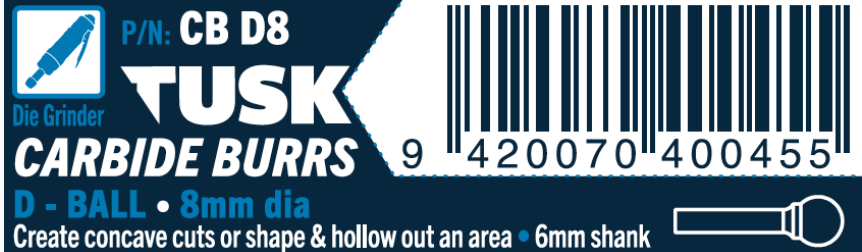 Tusk Carbide Burrs D Shape Ball Dia 8Mm, 6Mm Shank, Double Cut