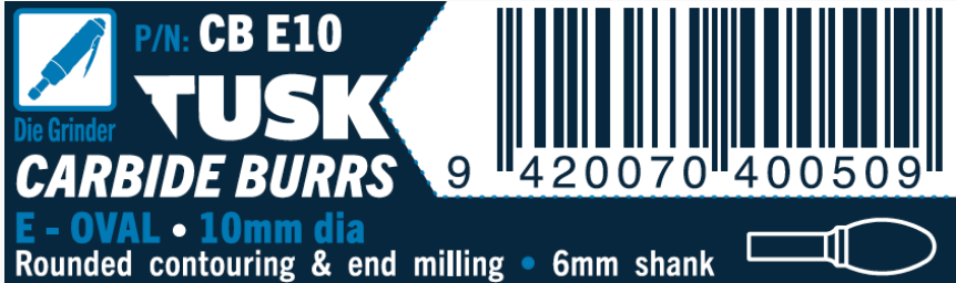 Tusk Carbide Burrs E Shape Oval Dia 10Mm, 6Mm Shank, Double Cut