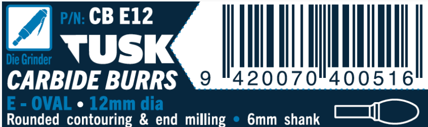 Tusk Carbide Burrs E Shape Oval Dia 12Mm, 6Mm Shank, Double Cut