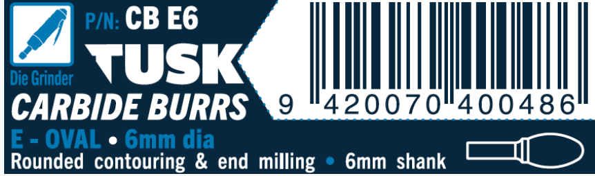 Tusk Carbide Burrs E Shape Oval Dia 6Mm, 6Mm Shank, Double Cut