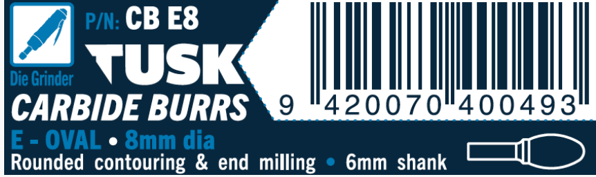Tusk Carbide Burrs E Shape Oval Dia 8Mm, 6Mm Shank, Double Cut