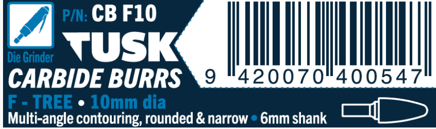 Tusk Carbide Burrs F Shape Tree Dia 10Mm, 6Mm Shank, Double Cut