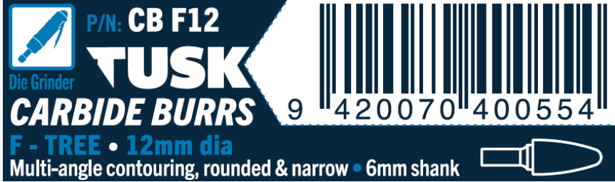Tusk Carbide Burrs F Shape Tree Dia 12Mm, 6Mm Shank, Double Cut