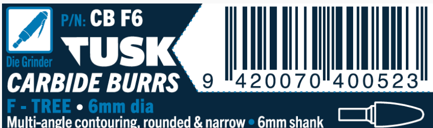 Tusk Carbide Burrs F Shape Tree Dia 6Mm, 6Mm Shank, Double Cut
