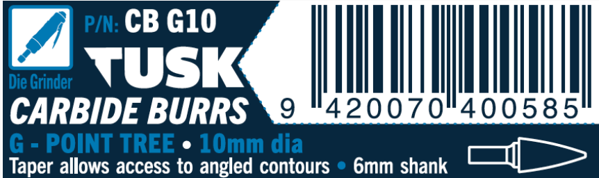 Tusk Carbide Burrs G Shape Point Tree Dia 10Mm, 6Mm Shank, Double Cut
