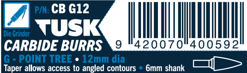 Tusk Carbide Burrs G Shape Point Tree Dia 12Mm, 6Mm Shank, Double Cut