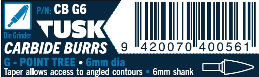 Tusk Carbide Burrs G Shape Point Tree Dia 6Mm, 6Mm Shank, Double Cut