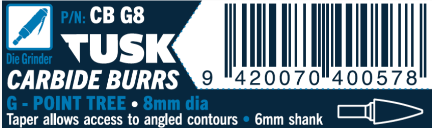 Tusk Carbide Burrs G Shape Point Tree Dia 8Mm, 6Mm Shank, Double Cut