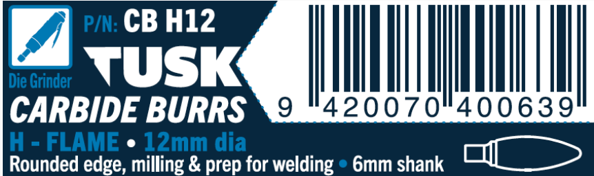 Tusk Carbide Burrs H Shape Flame Dia 12Mm, 6Mm Shank, Double Cut