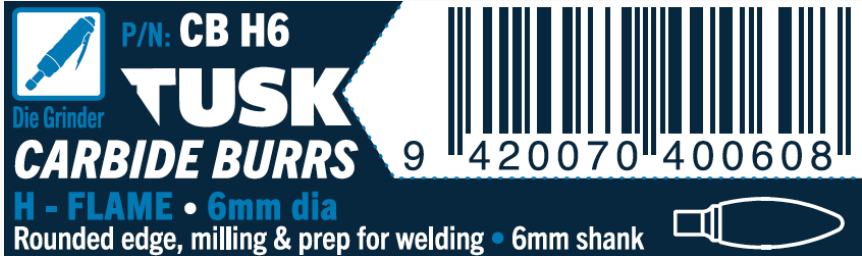 Tusk Carbide Burrs H Shape Flame Dia 6Mm, 6Mm Shank, Double Cut