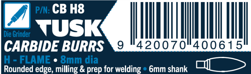 Tusk Carbide Burrs H Shape Flame Dia 8Mm, 6Mm Shank, Double Cut