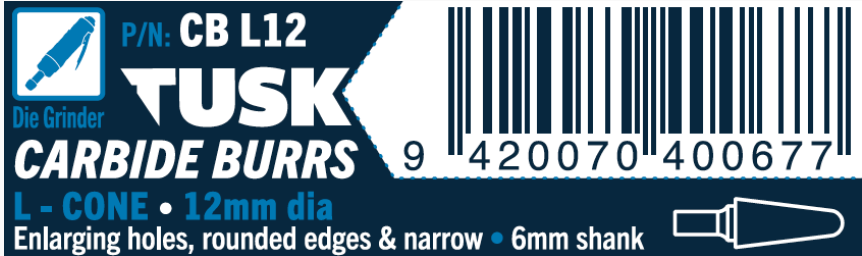 Tusk Carbide Burrs L Shape Cone Dia 12Mm, 6Mm Shank, Double Cut