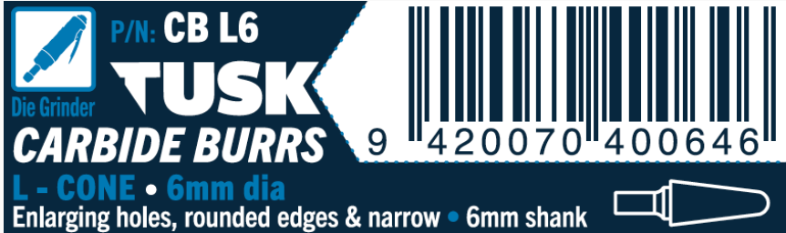 Tusk Carbide Burrs L Shape Cone Dia 6Mm, 6Mm Shank, Double Cut