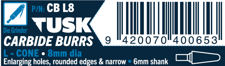 Tusk Carbide Burrs L Shape Cone Dia 8Mm, 6Mm Shank, Double Cut
