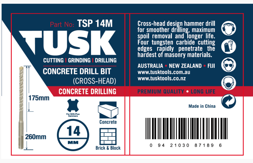 Tusk Concrete Drill Bits (Cross Head) 14Mm X 260Mm (185Mm)