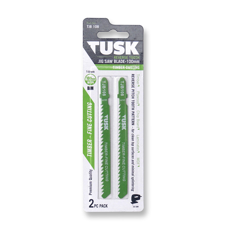 Tusk Jigsaw Blades For Timber 100 X 10Tpi Reverse Tooth T-Shank 2Pc Pack