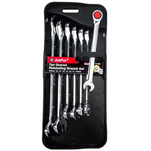 Ampro Geared Wrench Set Mirror Finish 72 Tooth 7Pc 10-19Mm