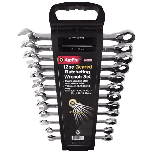 Ampro Geared Wrench Set Mirror Finish 72 Tooth 12Pc 8-19Mm