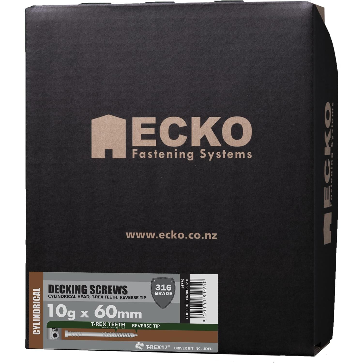 Ecko T-Rex17® 10G X 60Mm Cylindrical Head Ss316 Decking Screws (1000 Box)