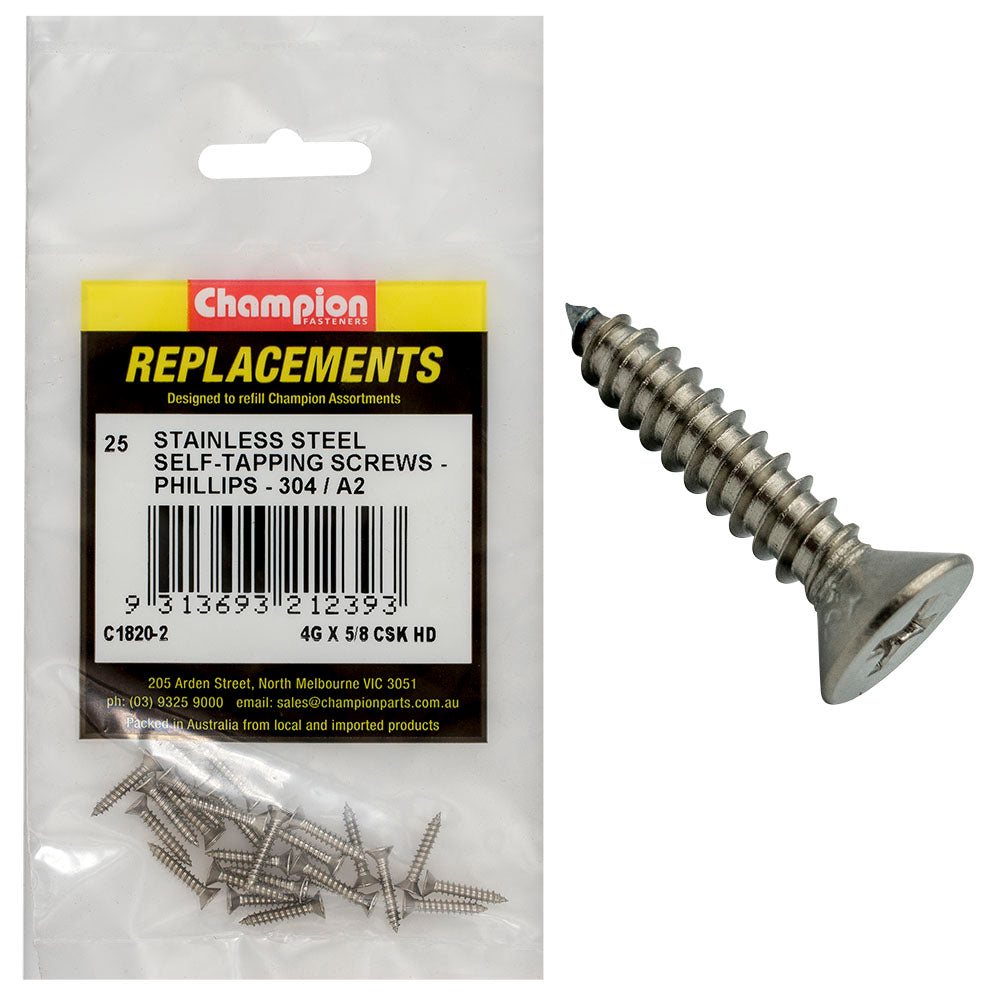 Champion 4G X 5/8 S/Tappg Screw Csk Hd Phillips 304/A2 -25Pk