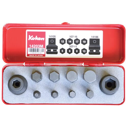 Koken 14209M Impact Hex Bit Socket Set 10Pc 1/2"Dr 5-19Mm (2 X Bit Holders, 183H.35 & 107.16 Hex Bits)