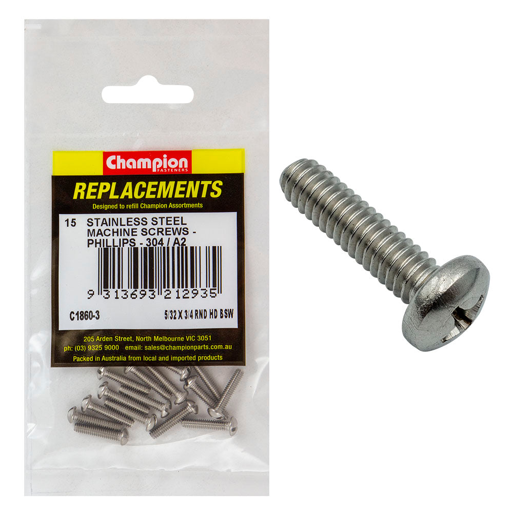 Champion 5/32In X 3/4In Bsw Machine Screw Pan Ph 304/A2-15Pk