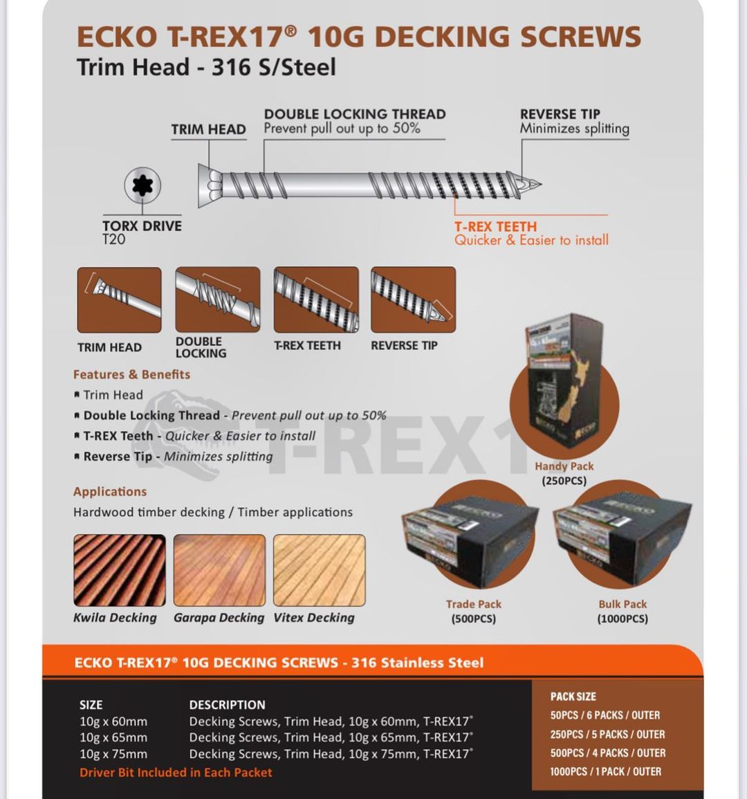 Ecko T-Rex17 Trim Head Decking Screws 10G X 60Mm Stainless Steel 316 (250 Box)