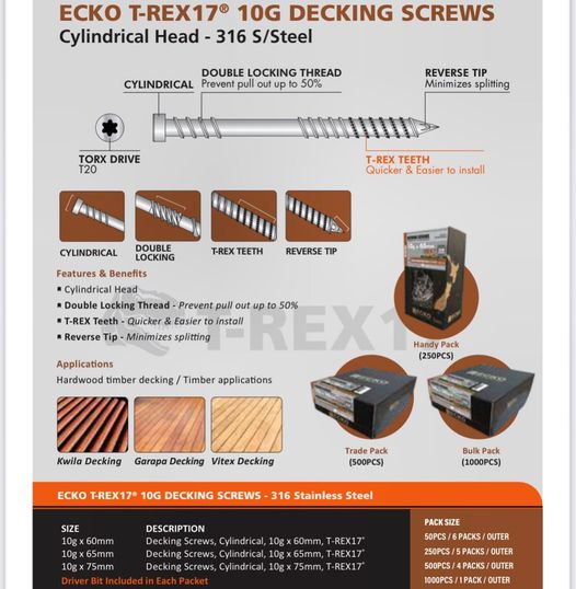 Ecko T-Rex17® 10G X 60Mm Cylindrical Head Ss316 Decking Screws (1000 Box)