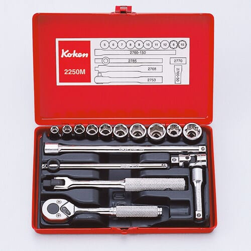 Koken 2250M Socket Set 16Pc 1/4"Dr 5-12Mm 6Pt And 8 & 10Mm 8Pt