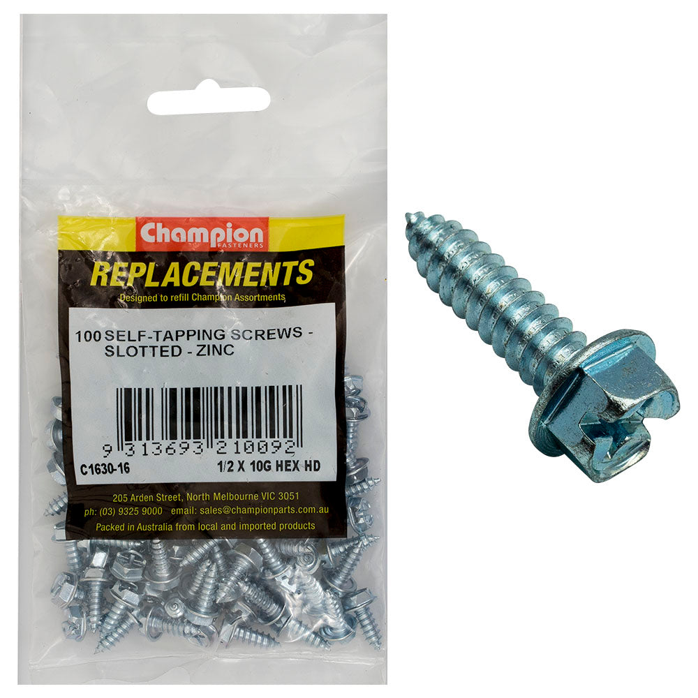 Champion 10G X 1/2In S/Tapping Screw Hex Head Phillips-100Pk