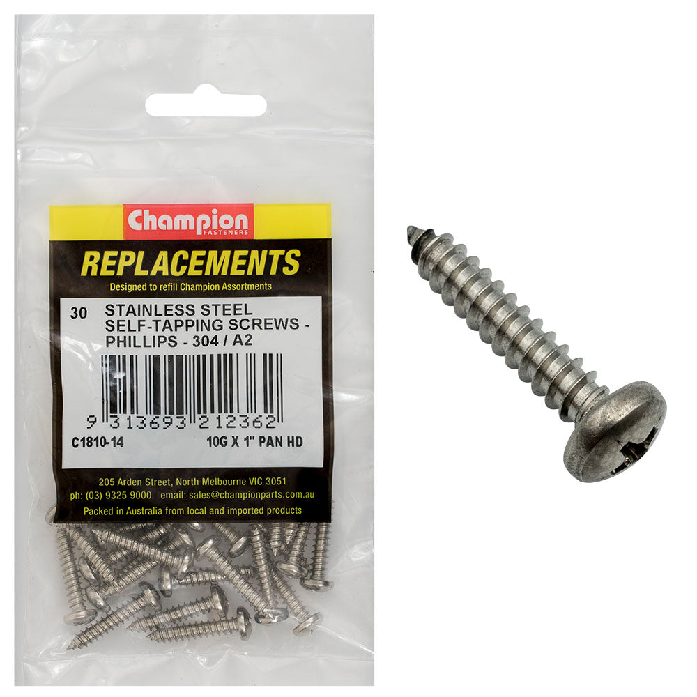 Champion 10Gx1In S/Tapping Screw Pan Hd Phillips 304/A2-30Pk