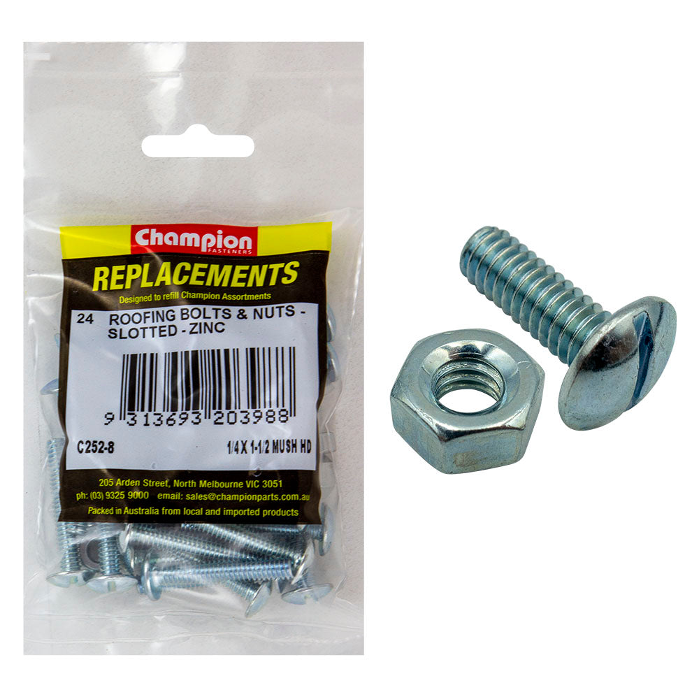 Champion 1/4 X 1-1/2In Unc Roofing Set Screw & Nut (Zn)-24Pk